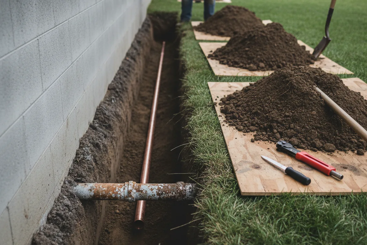 Excavated water line trench during Sewer Line Repair in Riverside